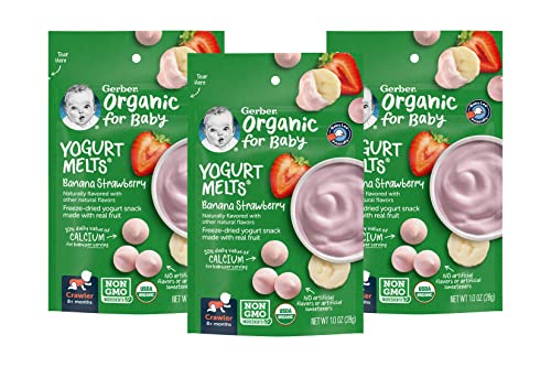 Gerber Organic for Baby Yogurt Melts, Banana Strawberry, Non-GMO & USDA Organic, Made with Real Fruit, Baby Snack for Crawlers, 1.0-Ounce Pouch (Pack of 3)