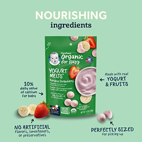 Gerber Organic for Baby Yogurt Melts, Banana Strawberry, Non-GMO & USDA Organic, Made with Real Fruit, Baby Snack for Crawlers, 1.0-Ounce Pouch (Pack of 3)