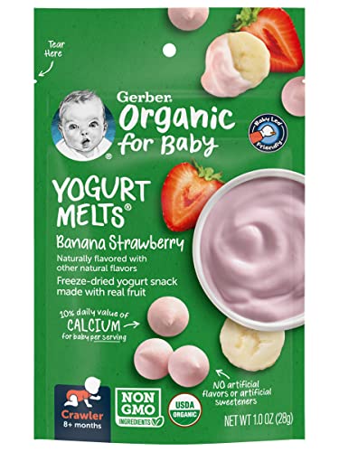 Gerber Organic for Baby Yogurt Melts, Banana Strawberry, Non-GMO & USDA Organic, Made with Real Fruit, Baby Snack for Crawlers, 1.0-Ounce Pouch (Pack of 3)