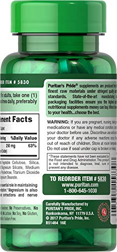 Puritans Pride Magnesium 250 Mg Caplets, 100 Count