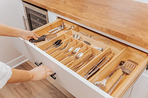 KitchenEdge Premium Silverware, Flatware and Utensil Organizer for Kitchen Drawers, Expandable to 33 Inches Wide, 11 Compartments, 100% Bamboo