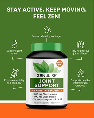 Zenwise Joint Support Supplement - 1500mg Glucosamine, 1200mg Chondroitin, 1000 MG MSM & Hyaluronic Acid for Advanced Relief Mobility Supplement for Pain, Aches, Soreness & Inflammation - 180 Tablets