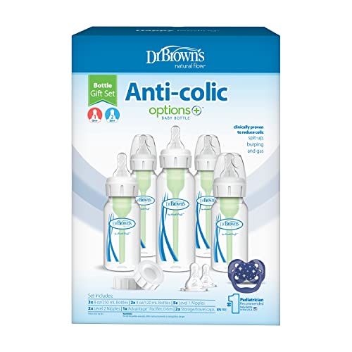 Dr. Brownâ€™s Natural Flow® Anti-Colic Options+â„¢ Narrow Baby Bottle Gift Set with Advantageâ„¢ Pacifier, and Bottle Travel Caps, Pack of 15