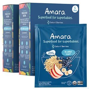 Amara Organic Baby Food - Stage 2 - Oats & Berries - Baby Cereal to Mix With Breastmilk, Water or Baby Formula - Shelf Stable Baby Food Pouches Made from Organic Fruit and Veggies - 10 Pouches, 3.5oz Per Serving