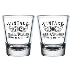 spotted dog company 2pk vintage 2002 printed 1.75oz shot glass set – aged to perfection – 21st birthday gifts for him men – 21 years old decorations anniversary for women her