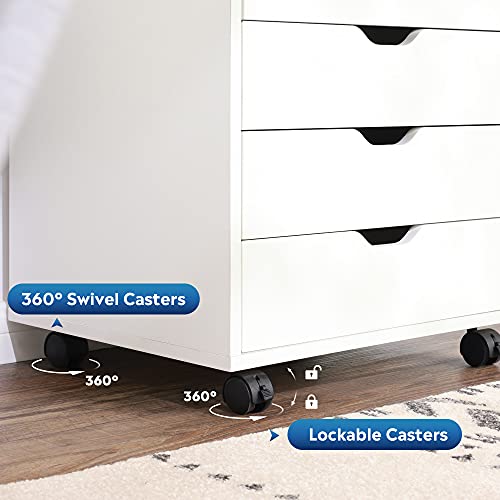 DEVAISE 5-Drawer Chest, Wood Storage Dresser Cabinet with Wheels, White