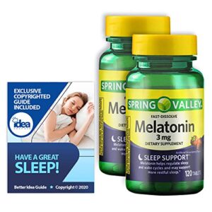 melatonin fast dissolve tablets, sleep support by spring valley, 3 mg, 120 ct (2 pack) bundle with exclusive “have a great sleep” – better idea guide (3 items)