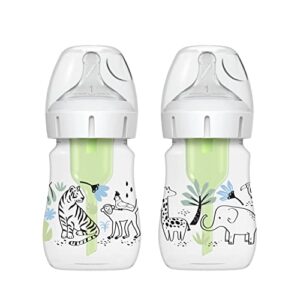dr. brown’s natural flow® anti-colic options+™ wide-neck baby bottle designer edition bottles, jungle decos, 5 oz/150 ml, level 1 nipple, 2-pack, 0m+