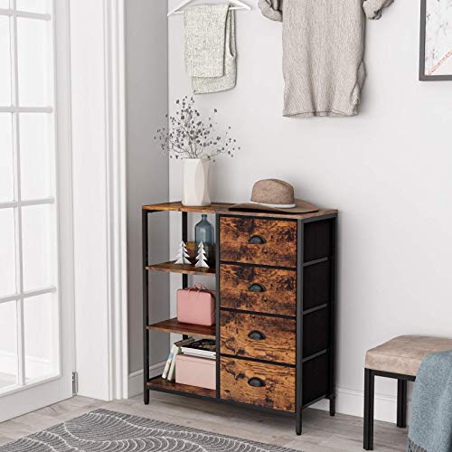 Furologee Fabric Dresser with 4 Drawers and Side Shelf,Industrial Lightweight Storage Unit Organizer for Entryway, Bedroom, Nightstand, Office, Kitchen (Rustic Brown)