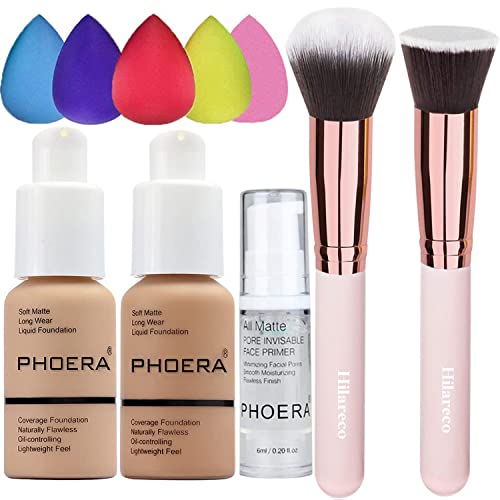 PHOERA Foundation 104 and 105 & Face Primer,Liquid Full Coverage Foundation Set,Foundation Brush Powder Brush,5 Makeup Sponge,30ml PHOERA 24HR Matte Oil Control Concealer (104 Buff Beige + 105 Sand)