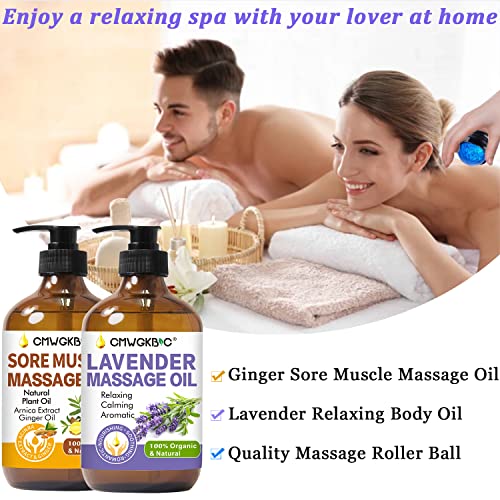 Massage Oil for Massage Therapy,Ginger Oil Lymphatic Drainage-Arnica Sore Muscle Oil Massage & Lavender Oil Relaxing Massage Oils, Massage Kit With Massage Roller Ball Mother Day Father Day Gifts Men