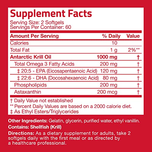 Bronson Antarctic Krill Oil 1000 mg with Omega-3s EPA, DHA, Astaxanthin and Phospholipids 120 Softgels (60 Servings)