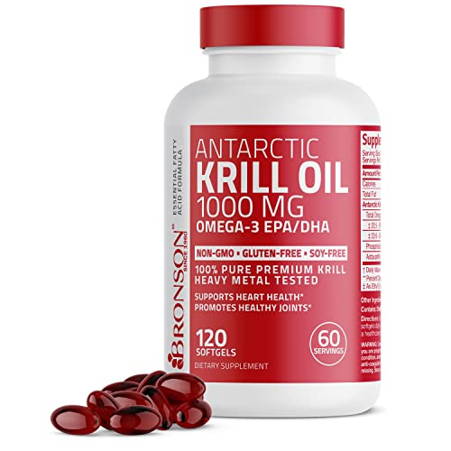 Bronson Antarctic Krill Oil 1000 mg with Omega-3s EPA, DHA, Astaxanthin and Phospholipids 120 Softgels (60 Servings)