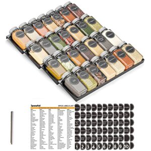 spaceaid spice drawer organizer with 28 spice jars, 386 spice labels and chalk marker, 4 tier seasoning rack tray insert for kitchen drawers, 13″ wide x 17.5″ deep