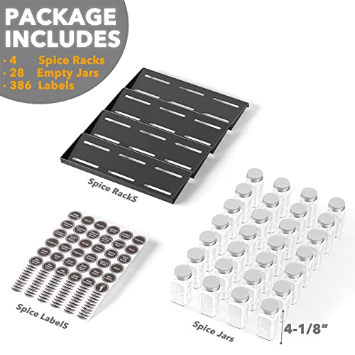 SpaceAid Spice Drawer Organizer with 28 Spice Jars, 386 Spice Labels and Chalk Marker, 4 Tier Seasoning Rack Tray Insert for Kitchen Drawers, 13" Wide x 17.5" Deep