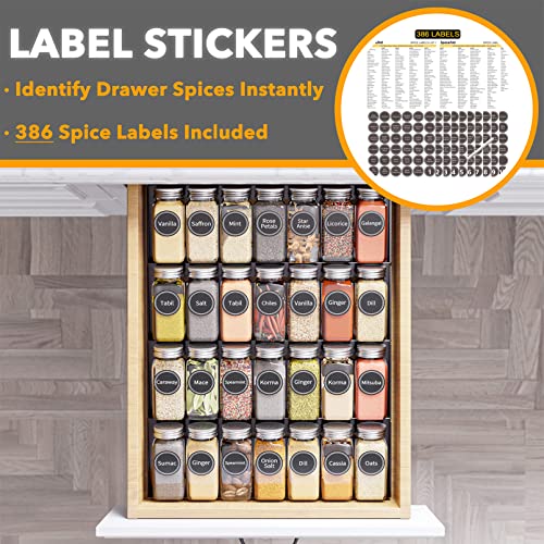SpaceAid Spice Drawer Organizer with 28 Spice Jars, 386 Spice Labels and Chalk Marker, 4 Tier Seasoning Rack Tray Insert for Kitchen Drawers, 13" Wide x 17.5" Deep