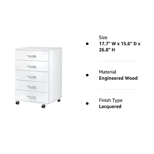 TUSY 5-Drawer Chest, Storage Dresser Cabinet with Wheels, White