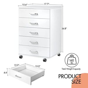 TUSY 5-Drawer Chest, Storage Dresser Cabinet with Wheels, White