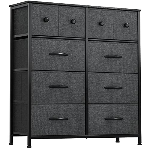 YITAHOME 10 Drawers Fabric Dresser, Dresser for Bedroom, Nursery, Closets, Tall Chest Organizer Unit with Sturdy Steel Frame, Wooden Top, Black Ash