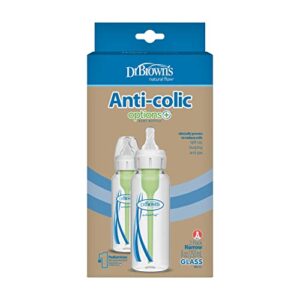 Dr. Brown’s Natural Flow® Anti-Colic Options+™ Narrow Glass Baby Bottles 8 oz/250 mL, with Level 1 Slow Flow Nipple, 2 Pack, 0m+