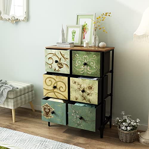 AOPSEN Dresser with 6 Drawers, Tall Storage Dresser for Bedroom, Modern Chest of Drawers for Closet, Living Room, Nursery, Wood Top, Fabric Drawers (Rustic Brown)