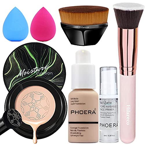 PHOERA Foundation ,Air Cushion CC Cream Natural Foundation ,Phoera Foundation Full Coverage,Phoera Face Primer, Kabuki Brush Foundation Brush Makeup,Makeup Sponge (102 Nude +# 02 Natural CC)