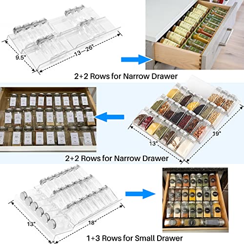 Spice Drawer Organizer, 4 Tiers 2 Set Clear Acrylic Slanted in Drawer Seasoning Jars Insert, Expandable From 13" to 26", Hold up 56 Spice Jars Kitchen Drawer Countertop Rack Tray (Jars not Include)