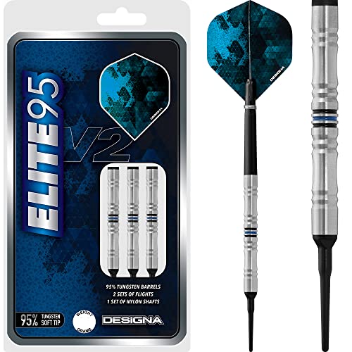 DESIGNA DARTS Elite 95 V2 | 95% Tungsten Barrel Soft Tip Dart Set with Shafts and Flights, M1, 19g (D9851)