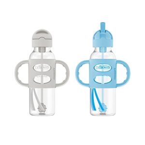dr. brown’s® milestones™ narrow sippy straw bottle with 100% silicone handles, 8oz/250ml, gray & blue, 2 pack, 6m+