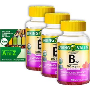 Vitamin B12 Organic Vegetarian Gummies, Metabolism Support with Methylcobalamin by Spring Valley, 500 mcg, 200 Ct (3 Pack) + “Vitamins & Minerals - A to Z - Better Idea Guide©”