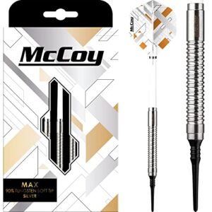 mccoy darts d6074 max | premium 90% tungsten soft tip darts set | silver 18g
