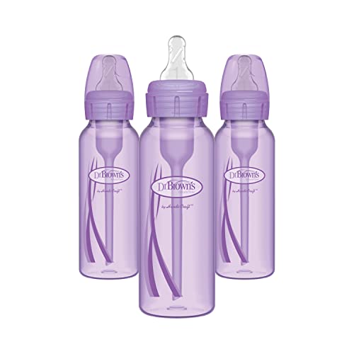 Dr. Brown’s Natural Flow® Anti-Colic Options+™ Narrow Baby Bottles 8 oz/250 mL, with Level 1 Slow Flow Nipple, 3 Pack, 0m+ Purple