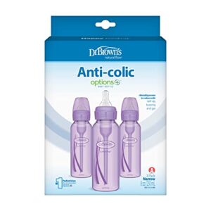 Dr. Brown’s Natural Flow® Anti-Colic Options+™ Narrow Baby Bottles 8 oz/250 mL, with Level 1 Slow Flow Nipple, 3 Pack, 0m+ Purple