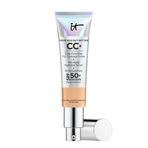 IT Cosmetics Your Skin But Better CC+ Cream, Medium Tan (W) - Color Correcting Cream, Full-Coverage Foundation, Hydrating Serum & SPF 50+ Sunscreen - Natural Finish - 1.08 fl oz