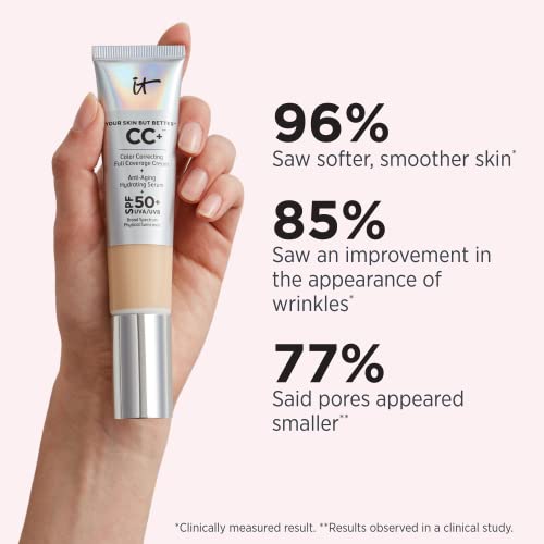 IT Cosmetics Your Skin But Better CC+ Cream, Medium Tan (W) - Color Correcting Cream, Full-Coverage Foundation, Hydrating Serum & SPF 50+ Sunscreen - Natural Finish - 1.08 fl oz