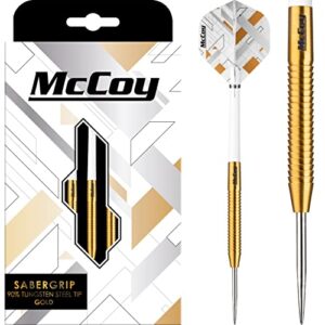 mccoy darts d6047 sabergrip | premium 90% tungsten steel tip darts set | gold 20g