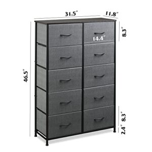 WLIVE 10-Drawer Dresser, Fabric Storage Tower for Bedroom, Hallway, Nursery, Closets, Tall Chest Organizer Unit with Textured Print Fabric Bins, Steel Frame, Wood Top, Easy Pull Handle, Dark Grey