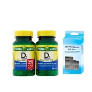 Vitamin D3 Softgels, 25mcg, 1,000 IU, 100 Count, 2 Pack by Spring Valley + AM/PM Weekly Pill Box