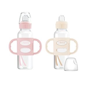 dr. brown’s® milestones™ narrow sippy bottle with 100% silicone handles, easy-grip bottle with soft sippy spout, 8oz/250ml, bpa free, light-pink & ecru, 2 pack, 6m+