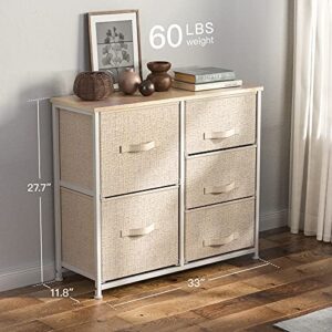 Pipishell Fabric Dresser, 5 Drawer Storage Chest Tower, Organizer Unit for Bedroom, Hallway, Entryway, Closets and Living Room -Sturdy Steel Frame, Wood Top, Easy Pull