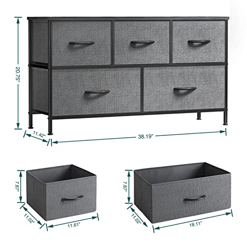 OLIXIS Dresser for Bedroom, Drawer Dresser Organizer Storage Drawers Fabric Dresser with 5 Drawers, Chest of Drawers with Fabric Bins, Long Dresser with Wood Top for Bedroom, Closet, Entryway
