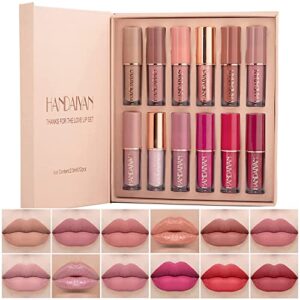 BAISEN DIARY 12 Colors Book Style Velvet Matte Liquid Lipstick Gift Set Long-Lasting Non-Stick Cup Not Fade Shimmer Nude Lip Gloss Thanks For the Love Lip Set (Set A)