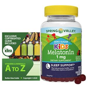 spring valley zero sugar kids melatonin, 1 mg vegetarian gummies, 120 ct bundle with exclusive vitamins & minerals – a to z – better idea guide (2 items)