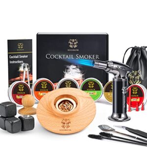 cocktail smoker kit with torch by hismok – 22 pcs bourbon whiskey smoker kit with 6 wood chips & 4 marble ices,old fashioned cocktail kit birthday/valentines day gifts for him/dad/husband(no butane)