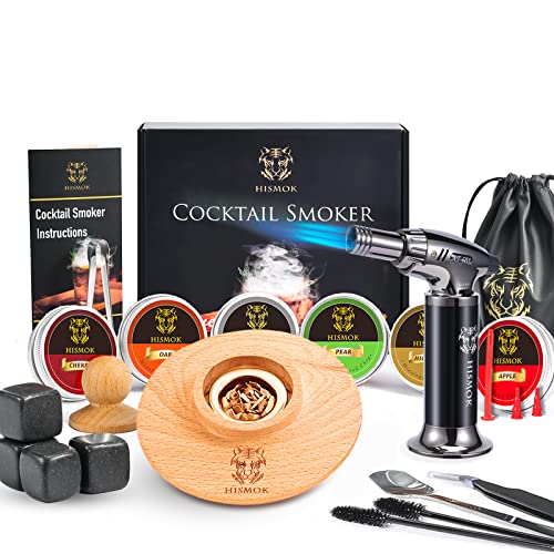 Cocktail Smoker Kit with Torch by HISMOK - 22 PCS Bourbon Whiskey Smoker Kit with 6 Wood Chips & 4 Marble ICES,Old Fashioned Cocktail Kit Birthday/Valentines Day Gifts for Him/Dad/Husband(No Butane)