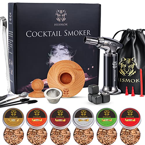 Cocktail Smoker Kit with Torch by HISMOK - 22 PCS Bourbon Whiskey Smoker Kit with 6 Wood Chips & 4 Marble ICES,Old Fashioned Cocktail Kit Birthday/Valentines Day Gifts for Him/Dad/Husband(No Butane)