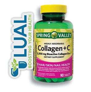 revitalize your skin’s elasticity and achieve a radiant complexion with spring valley’s highly absorbable collagen + c tablets, 2,500mg, 90 count. includes luall fridge magnetic