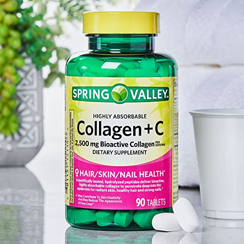 Revitalize Your Skin's Elasticity and Achieve a Radiant Complexion with Spring Valley's Highly Absorbable Collagen + C Tablets, 2,500mg, 90 Count. Includes Luall Fridge Magnetic