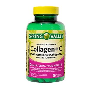 Revitalize Your Skin's Elasticity and Achieve a Radiant Complexion with Spring Valley's Highly Absorbable Collagen + C Tablets, 2,500mg, 90 Count. Includes Luall Fridge Magnetic