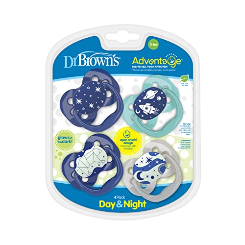 Dr. Brown's Advantage Symmetrical Pacifier with Air Flow, Blue Glow-in-the-Dark, 4-Pack, 0-6m